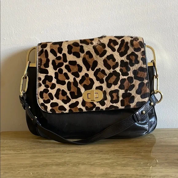 Leopard Print and Black Leather Shoulder Bag. Badgley Mischka Coralie Calfhair. - Picture 1 of 13